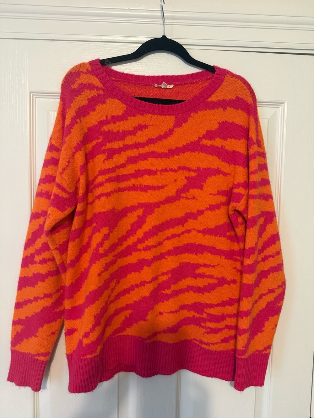 JODIFL Pink and Orange Zebra-Pattern Crewneck Sweater